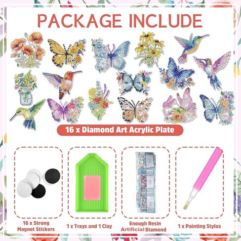 16 PCS Small Diamond Art Magnets, DIY Butterfly Hummingbird Flower Colorful Diamond Painting Magnets for Kids Adults Beginners Fridge DIY Crafts Home Decors in Saudi Arabia