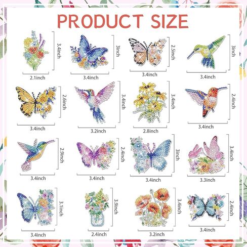 16 PCS Small Diamond Art Magnets, DIY Butterfly Hummingbird Flower Colorful Diamond Painting Magnets for Kids Adults Beginners Fridge DIY Crafts Home Decors in Saudi Arabia