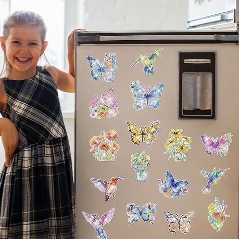 16 PCS Small Diamond Art Magnets, DIY Butterfly Hummingbird Flower Colorful Diamond Painting Magnets for Kids Adults Beginners Fridge DIY Crafts Home Decors in Saudi Arabia