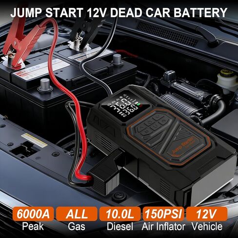 Jump Starter with Air Compressor, 6000A Car Battery Jumper Starter Portable(All Gas/10.0L Diesel), 150PSI Tire Inflator Air Pump, 12V Jump Pack, Car Emergency Kit, Car Gift for Man in Saudi Arabia