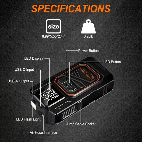 Jump Starter with Air Compressor, 6000A Car Battery Jumper Starter Portable(All Gas/10.0L Diesel), 150PSI Tire Inflator Air Pump, 12V Jump Pack, Car Emergency Kit, Car Gift for Man in Saudi Arabia
