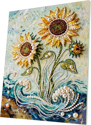 DIY Diamond Pearl Painting Kit for Adults, Sunflower 3D Pearl Painting Craft with Wooden Frame 15.75x19.69 inch, Beginner Friendly Home Wall Decor Art, Gift for Women Men Housewarming in Kuwait