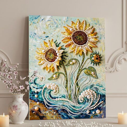DIY Diamond Pearl Painting Kit for Adults, Sunflower 3D Pearl Painting Craft with Wooden Frame 15.75x19.69 inch, Beginner Friendly Home Wall Decor Art, Gift for Women Men Housewarming in Kuwait