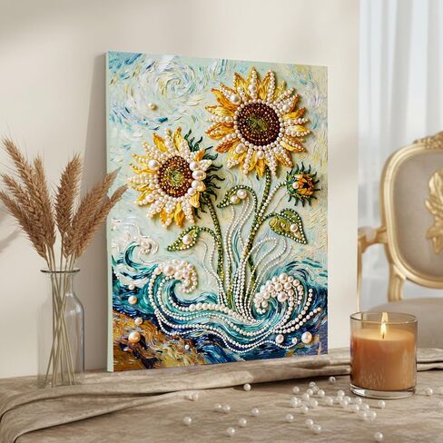 DIY Diamond Pearl Painting Kit for Adults, Sunflower 3D Pearl Painting Craft with Wooden Frame 15.75x19.69 inch, Beginner Friendly Home Wall Decor Art, Gift for Women Men Housewarming in Kuwait