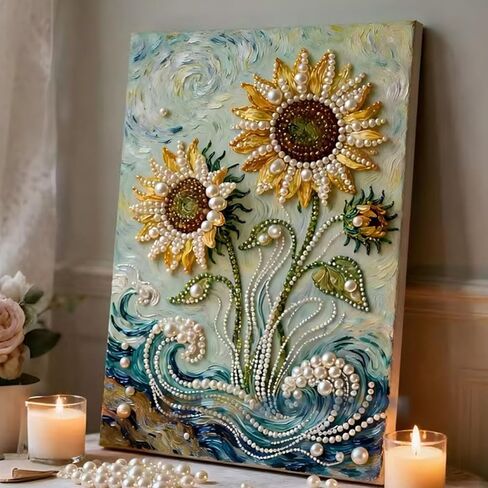 DIY Diamond Pearl Painting Kit for Adults, Sunflower 3D Pearl Painting Craft with Wooden Frame 15.75x19.69 inch, Beginner Friendly Home Wall Decor Art, Gift for Women Men Housewarming in Kuwait