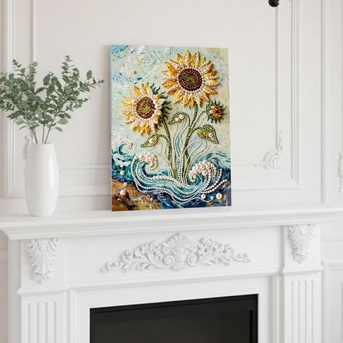 DIY Diamond Pearl Painting Kit for Adults, Sunflower 3D Pearl Painting Craft with Wooden Frame 15.75x19.69 inch, Beginner Friendly Home Wall Decor Art, Gift for Women Men Housewarming in Kuwait