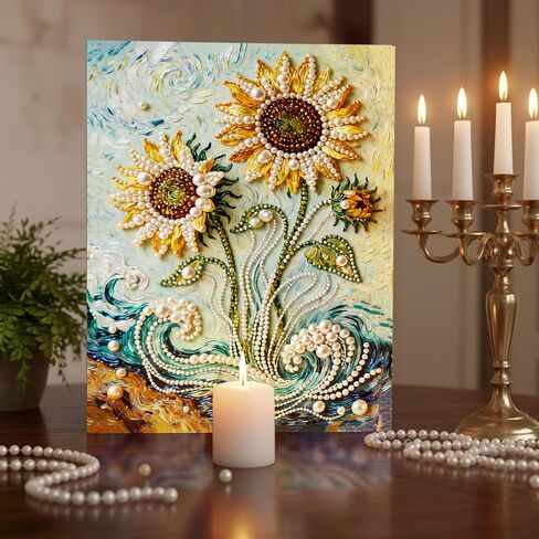 DIY Diamond Pearl Painting Kit for Adults, Sunflower 3D Pearl Painting Craft with Wooden Frame 15.75x19.69 inch, Beginner Friendly Home Wall Decor Art, Gift for Women Men Housewarming in Kuwait