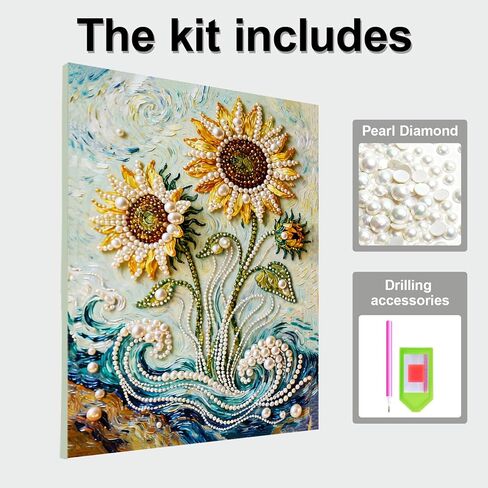 DIY Diamond Pearl Painting Kit for Adults, Sunflower 3D Pearl Painting Craft with Wooden Frame 15.75x19.69 inch, Beginner Friendly Home Wall Decor Art, Gift for Women Men Housewarming in Kuwait