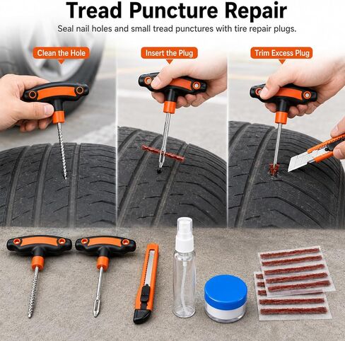 Flat Tire Repair Kit with Plugs 18 Pcs,Heavy Duty Sidewall Tire Repair Patch Tool Kit for Car,Motorcycle,ATV,UTV,SXS,Truck,Tractor,Parches para Llantas De Carro in Saudi Arabia
