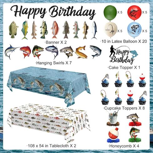 Fishing Birthday Party Decorations - Plates, Napkins, Cups, Cutlery, Honeycomb Centerpieces, Banner, Hanging Swirls, Tablecloths, Toppers, Balloons for Ofishally One Birthday Decorations, Serves 24 in Saudi Arabia