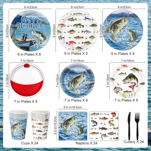 Fishing Birthday Party Decorations - Plates, Napkins, Cups, Cutlery, Honeycomb Centerpieces, Banner, Hanging Swirls, Tablecloths, Toppers, Balloons for Ofishally One Birthday Decorations, Serves 24 in Saudi Arabia