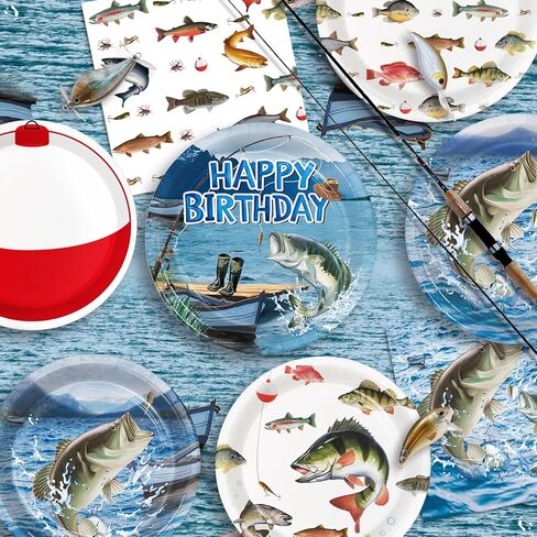 Fishing Birthday Party Decorations - Plates, Napkins, Cups, Cutlery, Honeycomb Centerpieces, Banner, Hanging Swirls, Tablecloths, Toppers, Balloons for Ofishally One Birthday Decorations, Serves 24 in Saudi Arabia