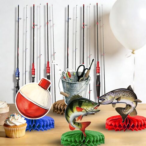 Fishing Birthday Party Decorations - Plates, Napkins, Cups, Cutlery, Honeycomb Centerpieces, Banner, Hanging Swirls, Tablecloths, Toppers, Balloons for Ofishally One Birthday Decorations, Serves 24 in Saudi Arabia