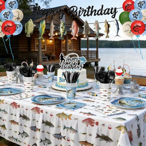 Fishing Birthday Party Decorations - Plates, Napkins, Cups, Cutlery, Honeycomb Centerpieces, Banner, Hanging Swirls, Tablecloths, Toppers, Balloons for Ofishally One Birthday Decorations, Serves 24 in Saudi Arabia