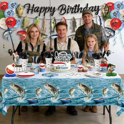 Fishing Birthday Party Decorations - Plates, Napkins, Cups, Cutlery, Honeycomb Centerpieces, Banner, Hanging Swirls, Tablecloths, Toppers, Balloons for Ofishally One Birthday Decorations, Serves 24 in Saudi Arabia