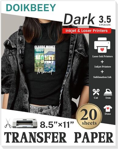 Upgraded version 3.5 Transfer Paper for T Shirts - 20 Pack Mixed Light & Dark Iron on Transfer Paper, 8.5" x 11" Printable Heat Transfer Vinyl for Inkjet Printer, Durable & Easy to Use in Saudi Arabia