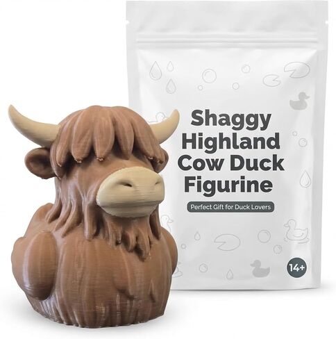 Shaggy Highland Cow Duck Figurine – Horned Duck Hybrid with Beard & Bangs – Funny Scottish-Inspired Collectible for Shelf or Desk – 3D Printed in Canada in Saudi Arabia