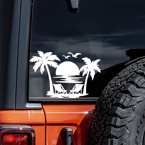 2pcs 7"x4.72" Tropical Beach Sunset Vinyl Decal – Palm Tree and Beach Chair Sticker for Car, Laptop, Truck, Wall – Durable Outdoor Material Car Sticker#2BZ304 (White) in Saudi Arabia