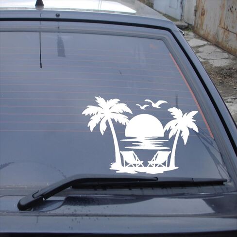 2pcs 7"x4.72" Tropical Beach Sunset Vinyl Decal – Palm Tree and Beach Chair Sticker for Car, Laptop, Truck, Wall – Durable Outdoor Material Car Sticker#2BZ304 (White) in Saudi Arabia