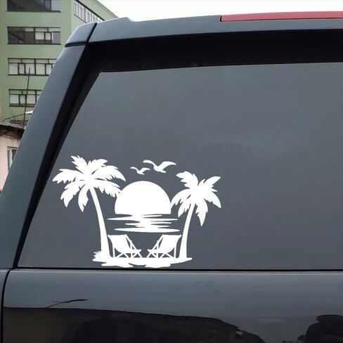 2pcs 7"x4.72" Tropical Beach Sunset Vinyl Decal – Palm Tree and Beach Chair Sticker for Car, Laptop, Truck, Wall – Durable Outdoor Material Car Sticker#2BZ304 (White) in Saudi Arabia