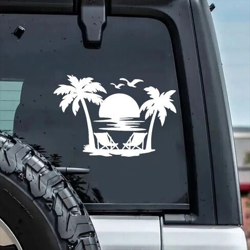 2pcs 7"x4.72" Tropical Beach Sunset Vinyl Decal – Palm Tree and Beach Chair Sticker for Car, Laptop, Truck, Wall – Durable Outdoor Material Car Sticker#2BZ304 (White) in Saudi Arabia