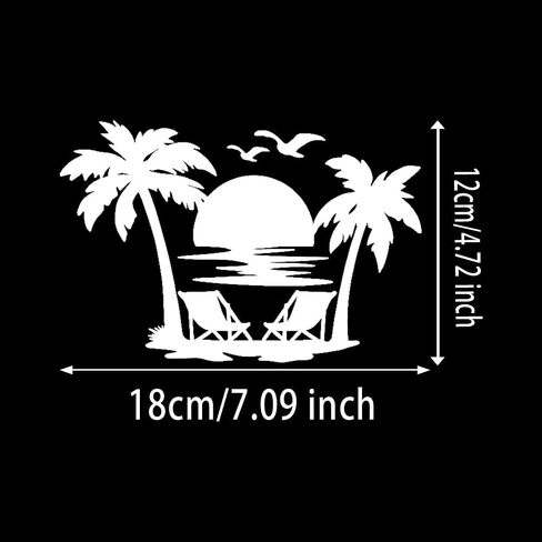 2pcs 7"x4.72" Tropical Beach Sunset Vinyl Decal – Palm Tree and Beach Chair Sticker for Car, Laptop, Truck, Wall – Durable Outdoor Material Car Sticker#2BZ304 (White) in Saudi Arabia
