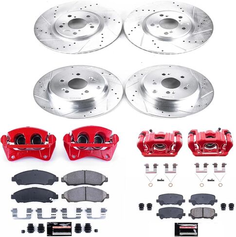 PowerStop Front and Rear Brake & Caliper Kit for Honda Pilot 2009-11 - Carbon-Fiber Ceramic Brake Pads + Drilled & Slotted Rotors + Red Powder Coated Calipers, KC5369A in Kuwait