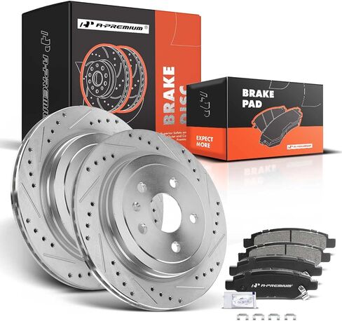 A-Premium 12.4 inch(315 mm) Rear Drilled and Slotted Disc Brake Rotors + Ceramic Pads Kit Compatible with Select Cadillac and Chevrolet Models - CTS 2008-2014, Camaro 2010-2015, 6-PC Set in Kuwait