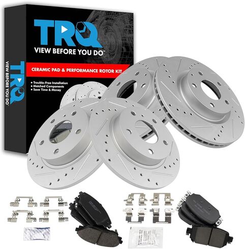 TRQ Front and Rear Brake Pad and Rotor Set Ceramic G Coated Drilled Slotted Rotors Compatible with 2017-2018 Mazda 3 2019 CX-3 in Kuwait