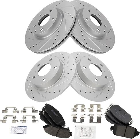 TRQ Front and Rear Brake Pad and Rotor Set Ceramic G Coated Drilled Slotted Rotors Compatible with 2017-2018 Mazda 3 2019 CX-3 in Kuwait