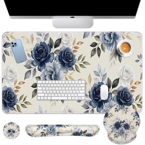 Arttown Spring Flower Desk Mat Leaves Blue White Flower Mouse Pad Set 4 in 1 Ergonomic Design Large Mouse Pad + Keyboard Wrist Rest + Mouse Wrist Rest + Coaster Suitable for Home Office Study Game in Kuwait