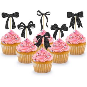 Bow Cupcake Toppers Black Bow Cake Toppers Bowknot Theme Cake Pick for Bachelorette Bridal Engagement Wedding Girl Baby Shower Bow Theme Party Decor - 24 Pack in Kuwait