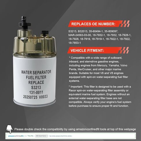 Marine Fuel Filter Water Separator, Water-Separating Spin-On Gasoline Filter for Outboard, Inboard & Sterndrive Engines, Replaces Racor S3213, 35-60494-1, 18-7932-1, 18-17928, 35-809097 in Saudi Arabia