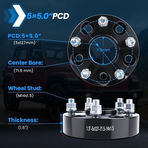 5x5 Wheel Spacers Hubcentric Real Forged Spacers Center Bore 71.5mm M14x1.5 Studs for Wrangler JL/JLU, 1.5"(38.1mm) Grand Cherokee WK2/WL Gladiator JT Durango for 5 Lug Set of 4 Black in Kuwait