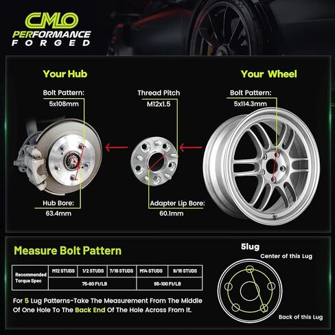 Customadeonly 2Pcs 25mm Forged Hubcentric Wheel Adapters 5x108 to 5x114.3 | 63.4mm Hub to 60.1mm Wheel | M12x1.5 Studs | for Jaguar & Ford 5x108 Hubs to Use 5x114.3 Wheels in Kuwait