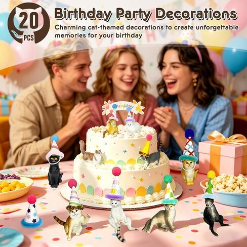 20 Pcs Cat Birthday Party Decorations Reusable Animal-Shaped Cake Decorations Including Cat Figurines & Mini Birthday Hats, Perfect For Birthday Parties And Animal-Themed Parties in Saudi Arabia