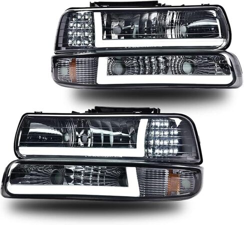 G-PLUS LED DRL Headlights Assembly Fit 1999 2000 2001 2002 Chevy Silverado 1500 2500/2001 2002 Silverado 1500HD 2500HD 3500/2000-2006 Chevy Tahoe Suburban 1500 2500 Headlamps Smoke lens Black Housing in Kuwait