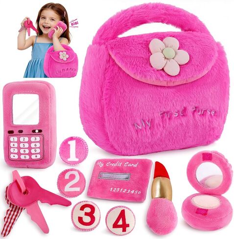 Nabance Play محفظة أطفال قطيفة للفتيات الصغيرات مع مجموعة ألعاب مكياج، 10 قطع My First Purse مع لعبة حسية ناعمة، ورق مجعد، مصدر صرير، مرآة للأطفال الصغار، هدية عيد ميلاد عيد الفصح للفتيات الصغيرات بعمر 1+ in Kuwait