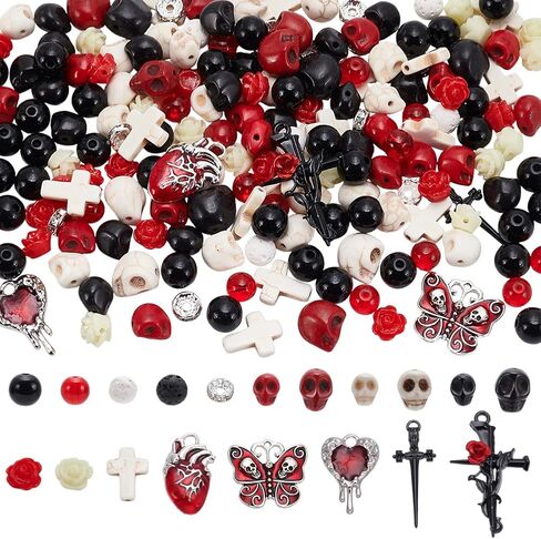 SUNNYCLUE 340Pcs Skull Beads Gothic Beads Bulk Halloween Black Red White Rose Flowers Acrylic Glass Black Stone Natural Lava Rock Spacers for Jewelry Making Supplies DIY Crafts Gift Holiday Supplies in Saudi Arabia