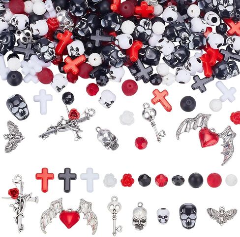 SUNNYCLUE 340Pcs Skull Beads Gothic Beads Bulk Halloween Black Red White Rose Flowers Acrylic Glass Black Stone Natural Lava Rock Spacers for Jewelry Making Supplies DIY Crafts Gift Holiday Supplies in Saudi Arabia