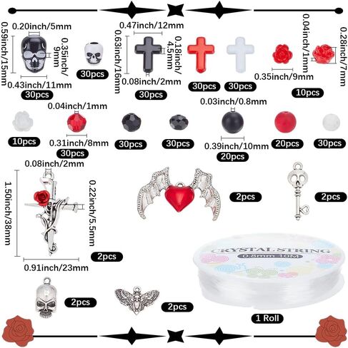 SUNNYCLUE 340Pcs Skull Beads Gothic Beads Bulk Halloween Black Red White Rose Flowers Acrylic Glass Black Stone Natural Lava Rock Spacers for Jewelry Making Supplies DIY Crafts Gift Holiday Supplies in Saudi Arabia