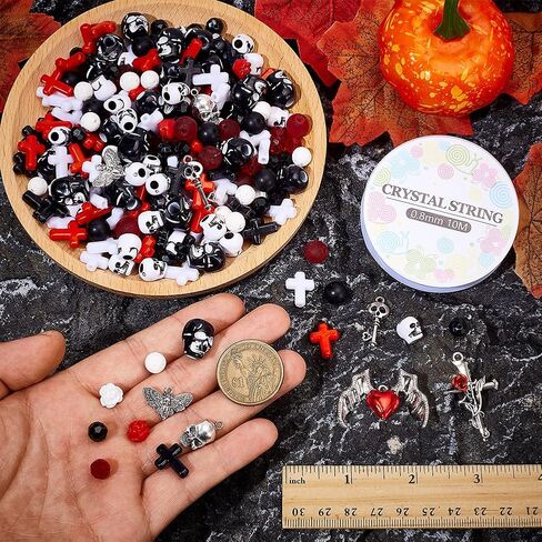 SUNNYCLUE 340Pcs Skull Beads Gothic Beads Bulk Halloween Black Red White Rose Flowers Acrylic Glass Black Stone Natural Lava Rock Spacers for Jewelry Making Supplies DIY Crafts Gift Holiday Supplies in Saudi Arabia
