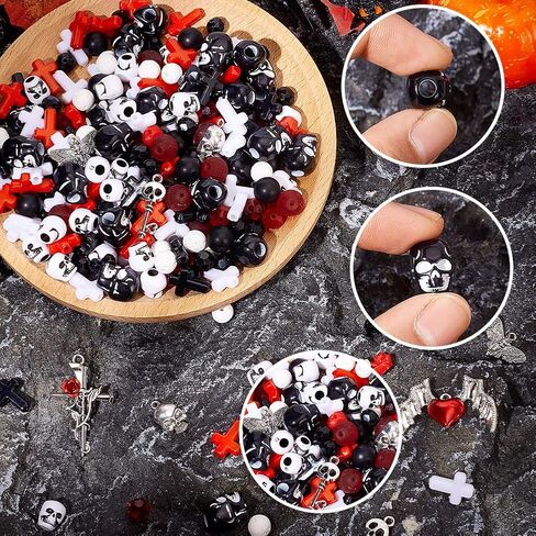 SUNNYCLUE 340Pcs Skull Beads Gothic Beads Bulk Halloween Black Red White Rose Flowers Acrylic Glass Black Stone Natural Lava Rock Spacers for Jewelry Making Supplies DIY Crafts Gift Holiday Supplies in Saudi Arabia
