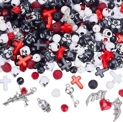 SUNNYCLUE 340Pcs Skull Beads Gothic Beads Bulk Halloween Black Red White Rose Flowers Acrylic Glass Black Stone Natural Lava Rock Spacers for Jewelry Making Supplies DIY Crafts Gift Holiday Supplies in Saudi Arabia