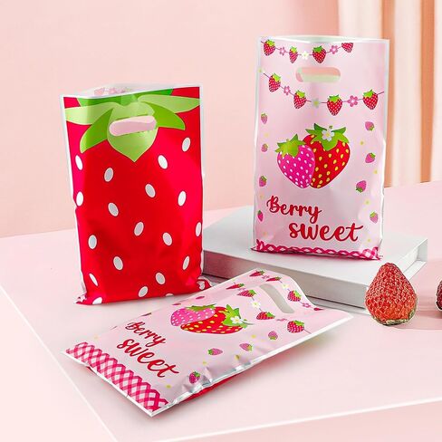 Zi Lan 30pcs Strawberry Party Favors Bag, Pink Strawberry Goody Treat Gifts Bags Berry Themed Favor Decorations Supplies for Girls in Saudi Arabia