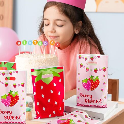 Zi Lan 30pcs Strawberry Party Favors Bag, Pink Strawberry Goody Treat Gifts Bags Berry Themed Favor Decorations Supplies for Girls in Saudi Arabia