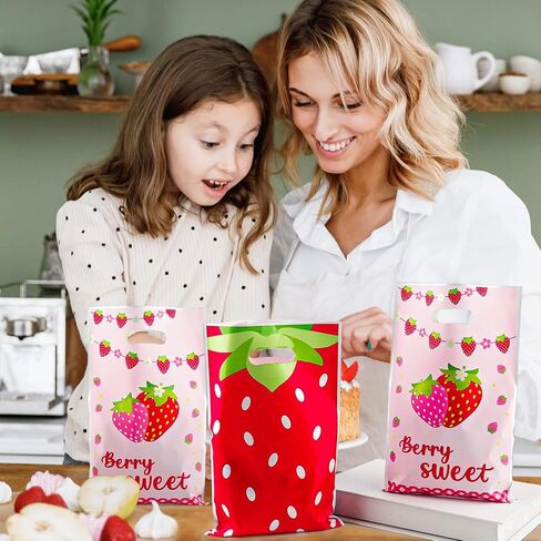 Zi Lan 30pcs Strawberry Party Favors Bag, Pink Strawberry Goody Treat Gifts Bags Berry Themed Favor Decorations Supplies for Girls in Saudi Arabia