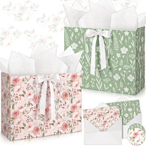 Silkfly 2 Pack Large Floral Gift Bags with Tissue Paper Ribbon Card & Envelope 13'' Flower Gift Bags for Woman Wedding Bridal Shower Baby Shower Birthday Spring Tea Party Flower Girl in Kuwait