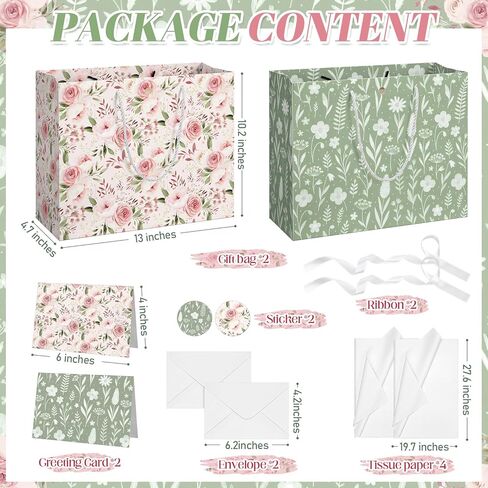 Silkfly 2 Pack Large Floral Gift Bags with Tissue Paper Ribbon Card & Envelope 13'' Flower Gift Bags for Woman Wedding Bridal Shower Baby Shower Birthday Spring Tea Party Flower Girl in Kuwait
