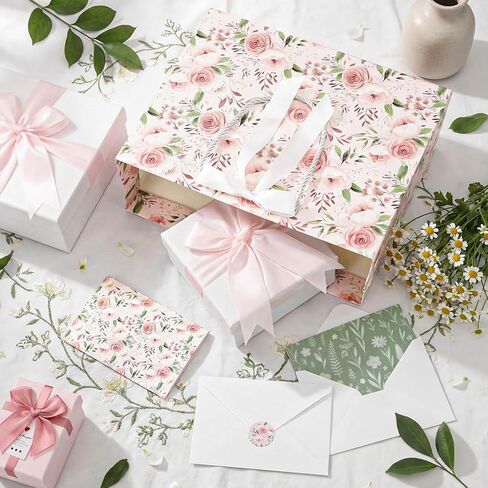 Silkfly 2 Pack Large Floral Gift Bags with Tissue Paper Ribbon Card & Envelope 13'' Flower Gift Bags for Woman Wedding Bridal Shower Baby Shower Birthday Spring Tea Party Flower Girl in Kuwait